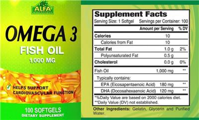 Photo of the Alfa Vitamins Omega-3 Fish Oil 1,000 mg label