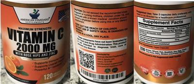 Photo of the American Standard Supplements Vitamin C 2000 mg label