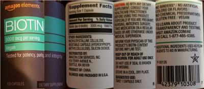 Photo of the Amazon Elements Biotin 5000 mcg label