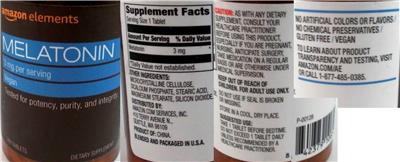 Photo of the Amazon Elements Melatonin 3 mg label