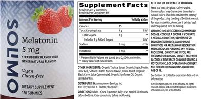 Photo of the Solimo Melatonin 5 mg Strawberry Flavor label