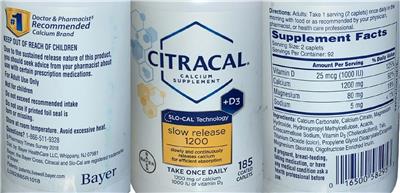 Photo of the Bayer Citracal Citracal Calcium + D3 Slow Release 1200 label