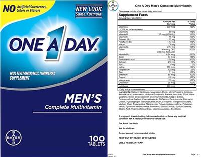 Photo of the Bayer One A Day Men's Complete Multivitamin label