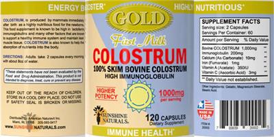 Photo of the Sunshine Naturals Colostrum GOLD First Milk 1000 mg label