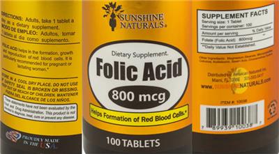 Photo of the Sunshine Naturals Folic Acid 800 mcg label