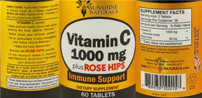 Photo of the Sunshine Naturals Vitamin C 1000 mg Plus Rose Hips label