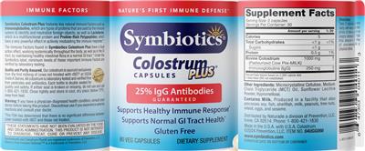 Photo of the Symbiotics Colostrum Plus Capsules label