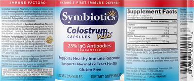Photo of the Symbiotics Colostrum Plus Capsules label
