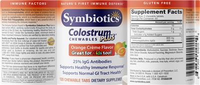 Photo of the Symbiotics Colostrum Plus Chewables Orange Creme Flavor label