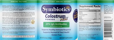 Photo of the Symbiotics Colostrum Plus Powder label