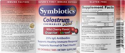 Photo of the Symbiotics Colostrum Plus Chewables Wild Cherry Flavor label