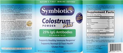 Photo of the Symbiotics Colostrum Plus Powder label