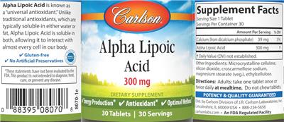Photo of the Carlson Alpha Lipoic Acid 300 mg label