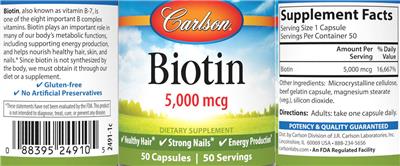 Photo of the Carlson Biotin 5,000 mcg label