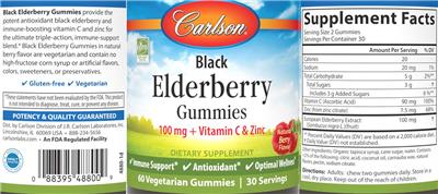 Photo of the Carlson Black Elderberry Gummies 100 mg Natural Berry Flavor label