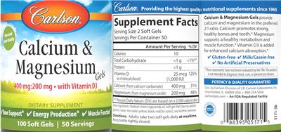 Photo of the Carlson Calcium & Magnesium Gels 400 mg:200 mg label