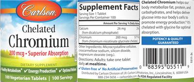 Photo of the Carlson Chelated Chromium 200 mcg label