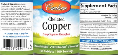 Photo of the Carlson Chelated Copper 5 mg label