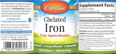 Photo of the Carlson Chelated Iron 27 mg label