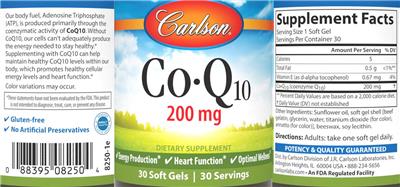 Photo of the Carlson Co-Q10 200 mg label