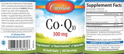 Photo of the Carlson Co-Q10 300 mg label