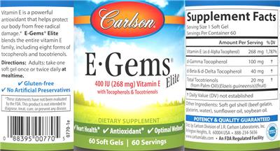Photo of the Carlson E-Gems Elite 400 IU (268 mg) label