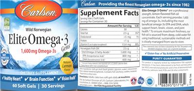 Photo of the Carlson Elite Omega-3 Gems 1,600 mg Natural Lemon Flavor label