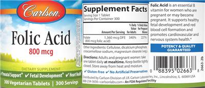 Photo of the Carlson Folic Acid 800 mcg label