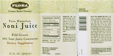 Photo of the Flora Pure Hawaiian Noni Juice label