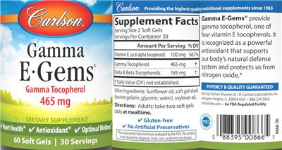 Photo of the Carlson Gamma E-Gems 465 mg label