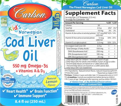 Photo of the Carlson Kid's Norwegian Cod Liver Oil Natural Lemon Flavor label
