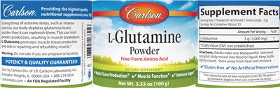 Photo of the Carlson L-Glutamine Powder label