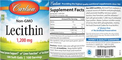 Photo of the Carlson Lecithin 1,200 mg label