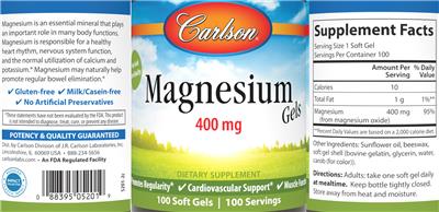 Photo of the Carlson Magnesium Gels 400 mg label