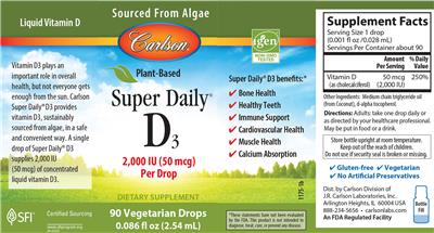 Photo of the Carlson Super Daily D3 2,000 IU (50 mcg) label