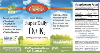 Photo of the Carlson Super Daily D3+K2 50 mcg (2,000 IU) & 45 mcg label