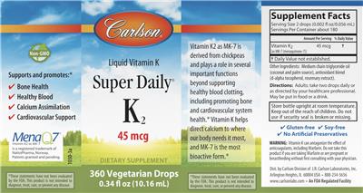 Photo of the Carlson Super Daily K2 45 mcg label