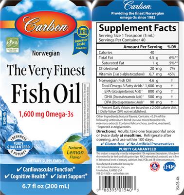 Photo of the Carlson The Very Finest Fish Oil 1,600 mg Natural Lemon Flavor label