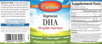 Photo of the Carlson Vegetarian DHA 500 mg label