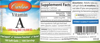 Photo of the Carlson Vitamin A 3,000 mcg RAE (10,000 IU) label