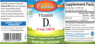 Photo of the Carlson Vitamin D3 25 mcg (1,000 IU) label