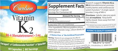 Photo of the Carlson Vitamin K2 MK-4 (Menatetrenone) 5 mg label