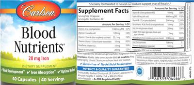 Photo of the Carlson Blood Nutrients 28 mg label