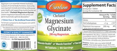 Photo of the Carlson Chelated Magnesium Glycinate 200 mg label