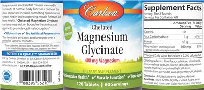Photo of the Carlson Chelated Magnesium Glycinate 400 mg label