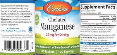 Photo of the Carlson Chelated Manganese 20 mg label