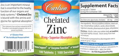 Photo of the Carlson Chelated Zinc 30 mg label