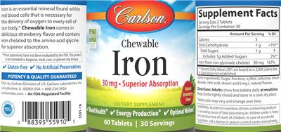 Photo of the Carlson Chewable Iron 30 mg Natural Strawberry Flavor label