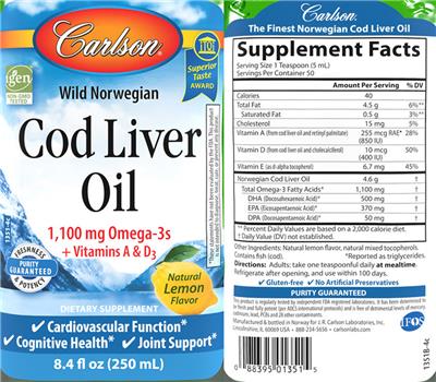 Photo of the Carlson Cod Liver Oil Natural Lemon Flavor label