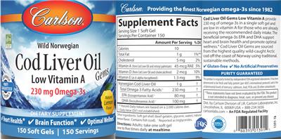 Photo of the Carlson Cod Liver Oil Gems Low Vitamin A Natural Lemon Flavor label